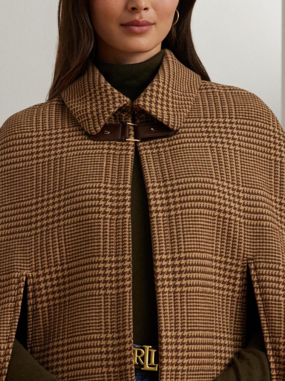 Lauren Ralph Lauren Wool Blend Cape Coat M/L Camel Cognac Check Heritage Autumn - Picture 2 of 16